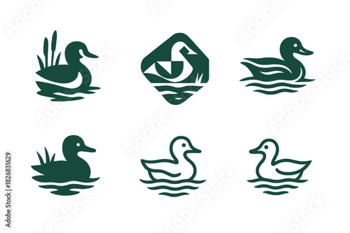 Harmonious Wetland Logos. Wetlands. Icon set. Set Logo of wetlands: duck floating on pond. harmonious logo variations of the same emblematic concept, each with