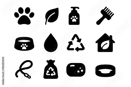 Eco-Friendly Pet Icons. Eco-Friendly Pet Care. Solid icon set of Eco-Friendly Pet Care: paw print, leaf, shampoo bottle, brush, food bowl, water droplet,