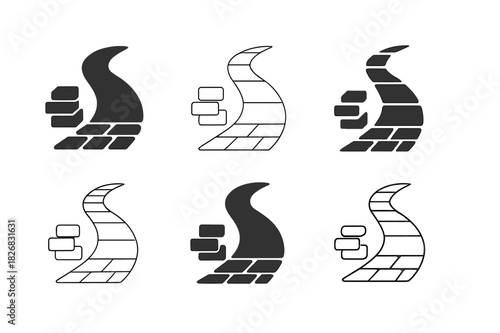 Walkway Icon Set. Building a front walkway with stone. Icon set. Set Logo of building a front walkway with stone: stacked paving stones beside path. harmonious