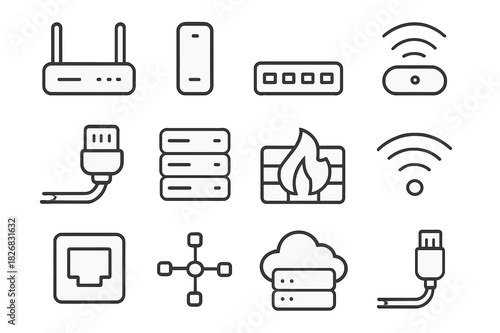 Networking Devices Icons. Networking Devices. Line icon set of Networking Devices: router, modem, switch, access point, network cable, server, firewall, Wi-Fi