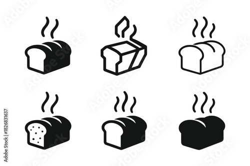 Fresh Bread Icons. fresh bread. Icon set. Set Logo of fresh bread: sliced loaf with steam. harmonious logo variations of the same emblematic concept, each with