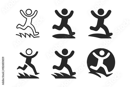 Joyful Running Silhouettes. Happy Person Running Through a Field. Icon set. Set Logo of Happy Person Running Through a Field: joyful silhouette in motion.