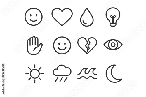 Emotion Icons Grid. Human emotion. Line icon set of human emotion: face, heart, teardrop, lightbulb, hand, smile, broken heart, eye, sun, rain cloud, wave,