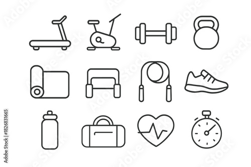 Fitness Icon Set. Health & Fitness. Line icon set of Health & Fitness: treadmill, stationary bike, dumbbell, kettlebell, yoga mat, resistance band, jump rope,