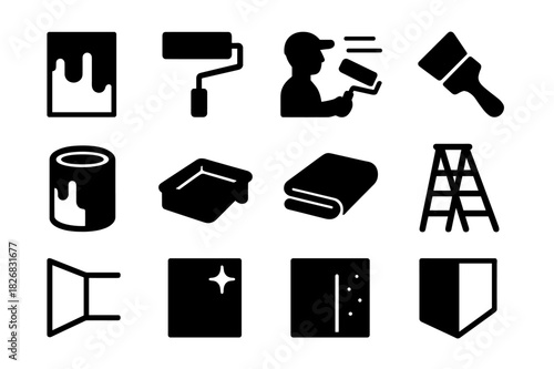 Painting Icons Set. Painting process. Solid icon set of Painting process: wall section, roller, brush, painter figure, motion lines, paint can, tray, drop