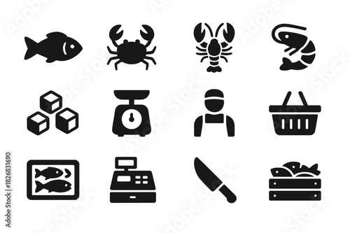 Seafood Market Icons. Seafood market. Solid icon set of Seafood market: fish, crab, lobster, shrimp, ice, scale, vendor, basket, tray, cash register, knife,