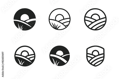 Prairie Logo Variations. expanse. Icon set. Set Logo of expanse: prairie landscape silhouette. harmonious logo variations of the same emblematic concept, each