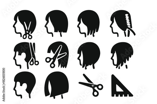 Cutting Techniques Icons. Cutting techniques. Solid icon set of Cutting techniques: point cutting, blunt cut, layering, texturizing, thinning, slicing,