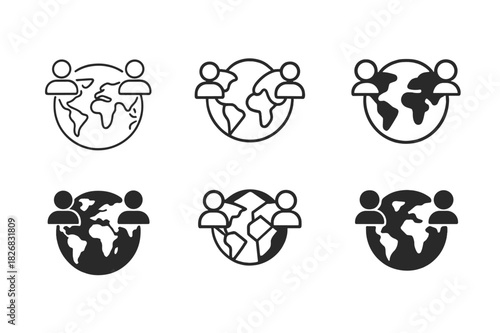 Long-Distance Logos. Long-Distance Relationships and Communication. Icon set. Set Logo of Long-Distance Relationships and Communication: world map with