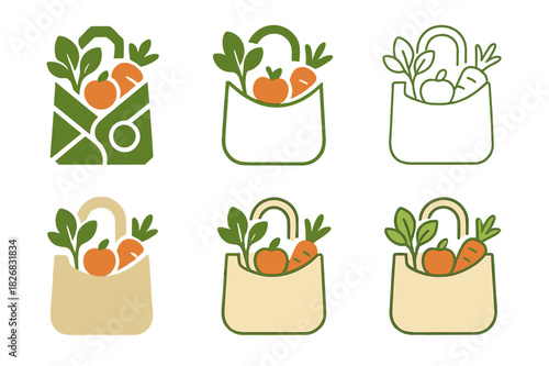 June Market Logos. June farmer?s market. Icon set. Set Logo of June farmer?s market: reusable shopping bag. harmonious logo variations of the same emblematic