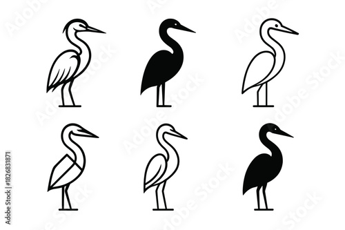 Heron Logo Variations. Herons. Icon set. Set Logo of Herons: heron with long neck curve. harmonious logo variations of the same emblematic concept, each with