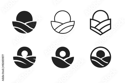 Prairie Logo Variations. expanse. Icon set. Set Logo of expanse: prairie landscape silhouette. harmonious logo variations of the same emblematic concept, each