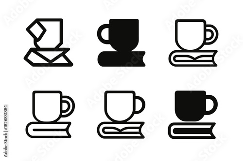Bookish Logo Variations. Bookish ambiance. Icon set. Set Logo of bookish ambiance: Mug and book icon. harmonious logo variations of the same emblematic