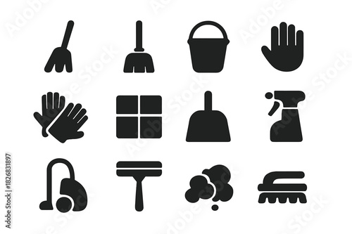 Maintenance Tools Icons. Maintenance work. Solid icon set of Maintenance work: broom, mop, bucket, hand icon, gloves, floor, dustpan, cleaning spray, vacuum,
