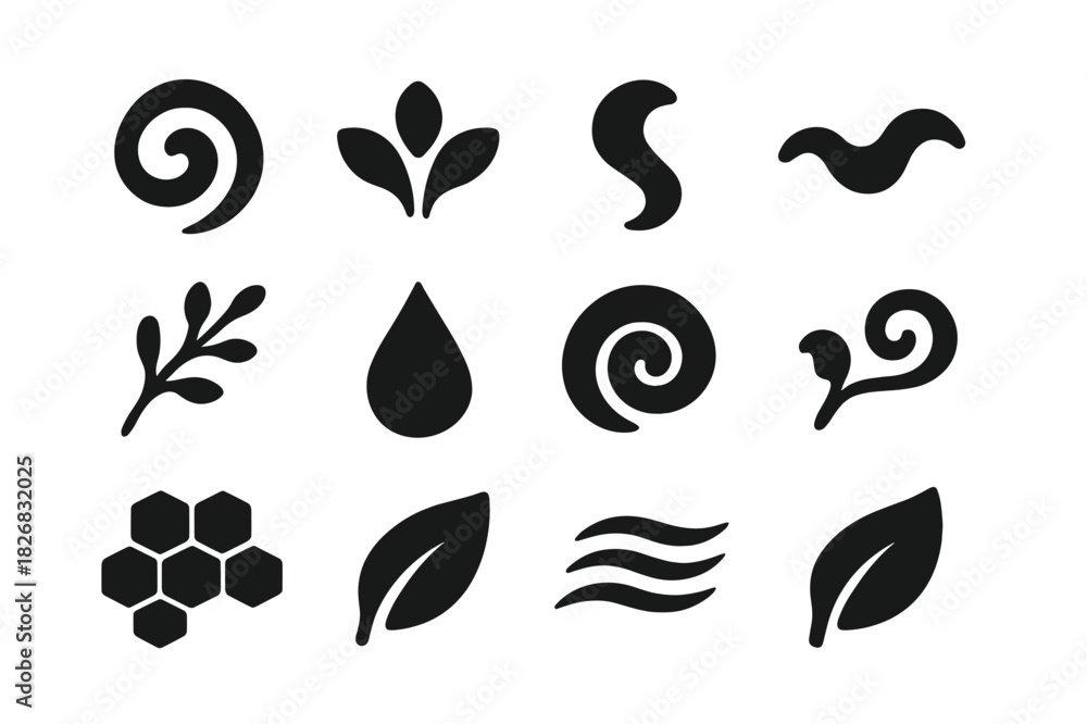 Fototapeta premium Organic Motifs Icons. Organic Design Motifs. Solid icon set of Organic Design Motifs: swirl, petal, curve, wave, branch, droplet, spiral, shell, vine, cell,