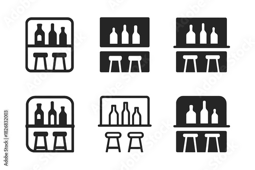 Home Bar Logos. Home bar and entertainment area design. Icon set. Set Logo of home bar and entertainment area design: Bar shelf with bottles. harmonious logo