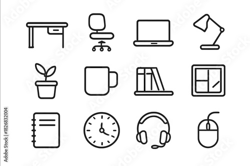 Home Office Icons. Home office setup. Line icon set of home office setup: desk, chair, laptop, lamp, plant, mug, bookshelf, window, notepad, clock, headset,