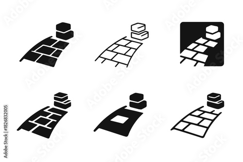 Walkway Icon Set. Building a front walkway with stone. Icon set. Set Logo of building a front walkway with stone: stacked paving stones beside path. harmonious