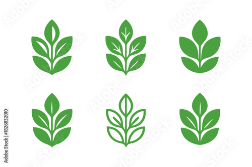 Greenery Logo Variations. greenery. Icon set. Set Logo of greenery: leaf cluster emblem. harmonious logo variations of the same emblematic concept, each with