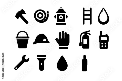 Firefighting Tools Icons. Firefighting tools. Solid icon set of firefighting tools: axe, fire hose, hydrant, ladder, bucket, helmet, glove, extinguisher,