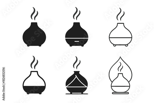 Aromatherapy Logo Variations. Aromatherapy. Icon set. Set Logo of aromatherapy: diffuser with scented steam. harmonious logo variations of the same emblematic