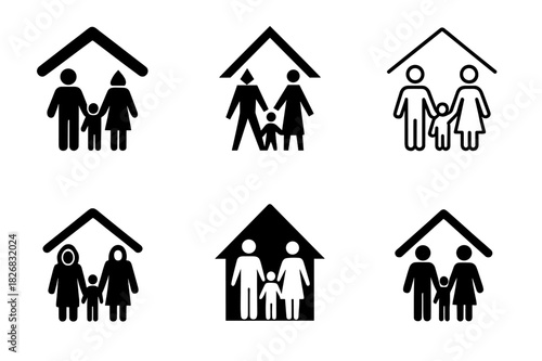 Homeless Family Icons. Homeless family. Icon set. Set Logo of homeless family: family holding hands. harmonious logo variations of the same emblematic concept,