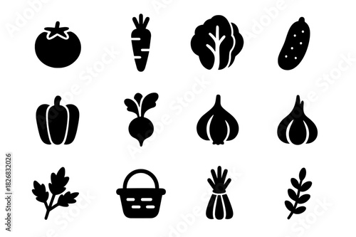 Fresh Produce Icons. Fresh produce. Solid icon set of Fresh produce: tomato, carrot, lettuce, cucumber, bell pepper, radish, onion, garlic, herbs, basket,