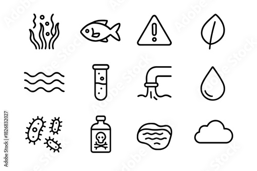 Eutrophication Prevention Icons. Eutrophication prevention. Line icon set of eutrophication prevention: algae bloom, fish, warning sign, leaf, water wave, test