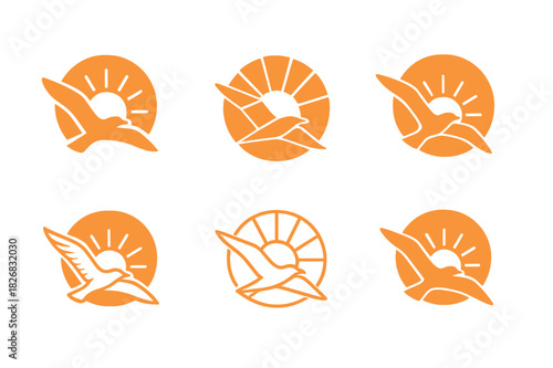 Seagulls Logo Variations. Seagulls flying. Icon set. Set Logo of seagulls flying: Seagull soaring with sunlight. harmonious logo variations of the same