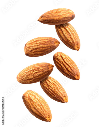 Roasted Almonds and pieces of Almond falling on White background, transparent food image, nuts and healthy snacks, raw food and nutrients, crunchy with vitamins.