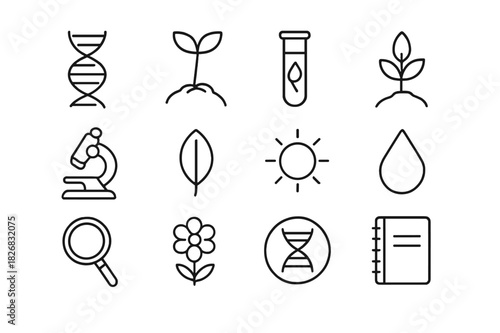 Plant Breeding Icons. Plant breeding. Line icon set of plant breeding: DNA strand, seedling, test tube, plant, microscope, leaf, sun, water droplet, magnifying