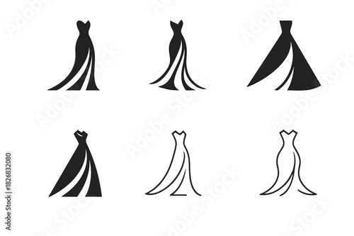 Elegant Fashion Icons. Fashion for special occasions (weddings, galas). Icon set. Set Logo of Fashion for special occasions (weddings, galas): wedding gown