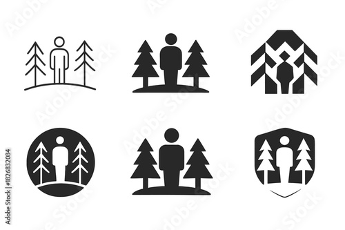 Person Nature Logos. Person in nature. Icon set. Set Logo of person in nature: silhouette standing among trees. harmonious logo variations of the