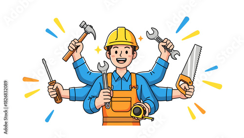 Cartoon illustration of a construction worker with multiple arms holding various tools, smiling.
