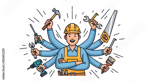 Cartoon handyman with multiple arms holding various tools.