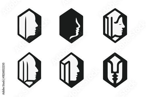 Pencil Portrait Logos. Drawing a portrait with pencils. Icon set. Set Logo of Drawing a portrait with pencils: pencil cross-section forming a face silhouette.