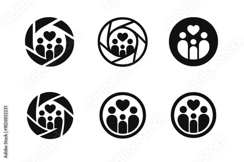 Family Logo Icons. Building family memories. Icon set. Set Logo of Building family memories: camera lens with heart and family figures inside. harmonious logo
