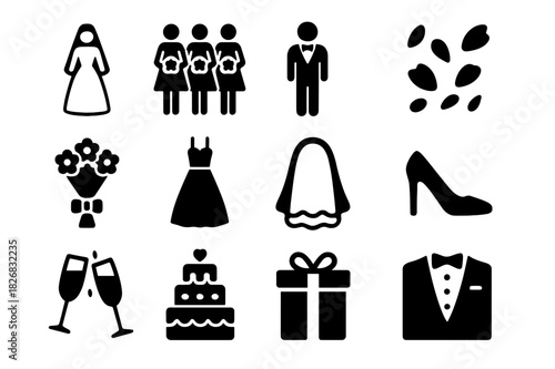 Wedding Icon Set. Wedding ceremony. Solid icon set of Wedding ceremony: bride, bridesmaids, groom, flower petals, bouquet, wedding dress, veil,