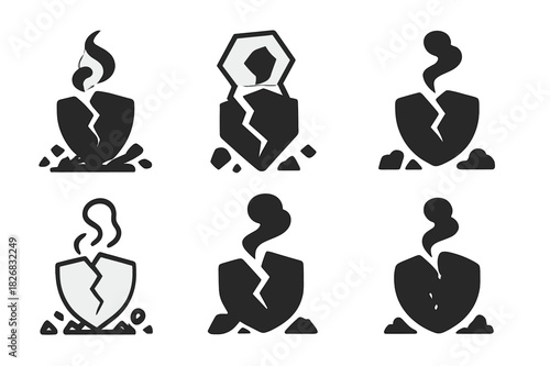 Battlefield Emblem Variations. The remains of a battlefield with smoke rising into the sky. Icon set. Set Logo of battlefield remains: shattered shield.