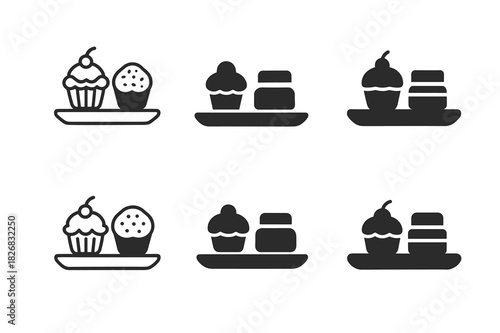 Pastry Case Icons. pastry case. Icon set. Set Logo of pastry case: sweet assortment tray. harmonious logo variations of the same emblematic concept, each with