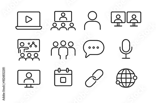 Hybrid Meeting Icons. Hybrid meetings. Line icon set of hybrid meetings: laptop screen, conference room, remote attendee, dual display, shared whiteboard,