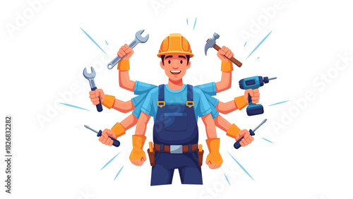 A cartoon handyman with many arms holding various tools, representing versatility and skill.