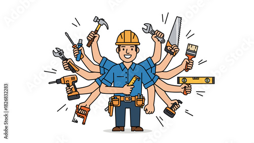 A skilled handyman with multiple arms holding various tools, symbolizing efficiency and versatility in repairs and construction.