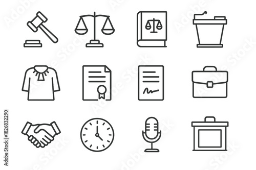 Judicial Icon Set. Judicial icons. Line icon set of Judicial icons: gavel, balance scales, law book, courtroom podium, judge robe, legal document, contract,