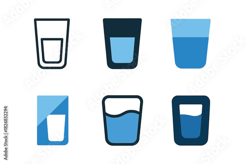 Hydration Logo Variations. Drinking enough water. Icon set. Set Logo of hydration: water glass half full. harmonious logo variations of the same emblematic