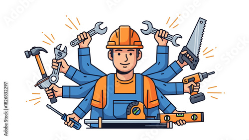 Versatile Handyman with Multiple Arms Holding Various Tools.