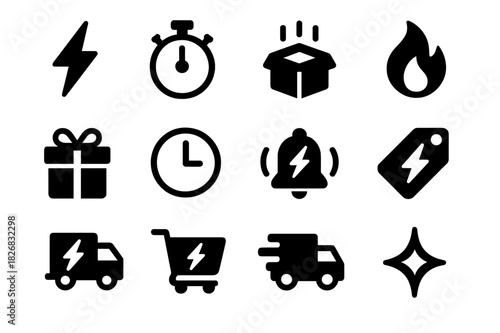 Flash Deals Icons. Flash deals. Solid icon set of Flash deals: lightning bolt, countdown timer, limited stock, hot icon, fire sale, offer box, clock face,