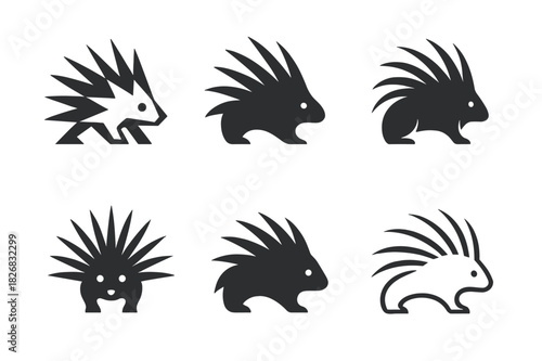 Porcupine Logo Variations. Porcupine. Icon set. Set Logo of porcupine: Geometric porcupine emblem. harmonious logo variations of the same emblematic concept,