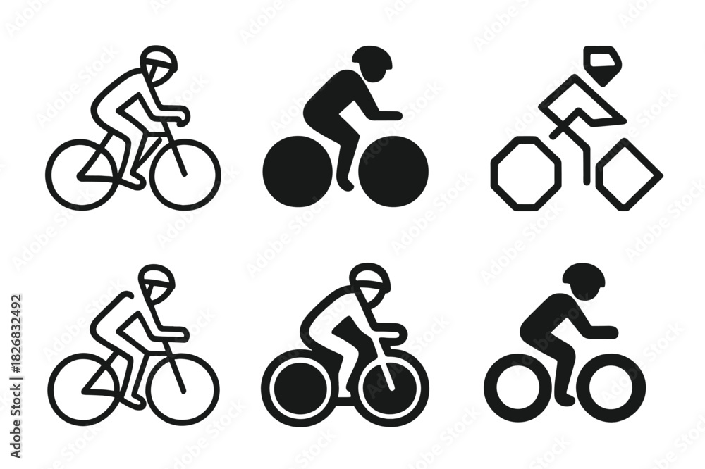 Obraz premium Bicycle Rider Icons. Person on bicycle. Icon set. Set Logo of person on bicycle: side view of bike rider wearing helmet. harmonious logo variations of the same