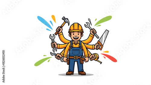 Cartoon illustration of a construction worker with multiple arms holding various tools, ready for work.